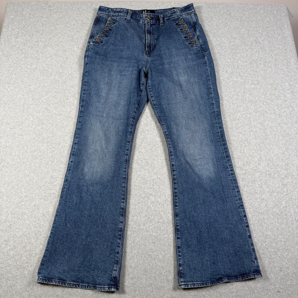 Gap Denim 70s Flare Jeans Blue Medium Wash Sailor Button High Rise 12/31R